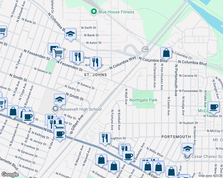 map of restaurants, bars, coffee shops, grocery stores, and more near 9416 North Macrum Avenue in Portland