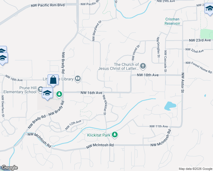 map of restaurants, bars, coffee shops, grocery stores, and more near 1638 Northwest Klickitat Street in Camas