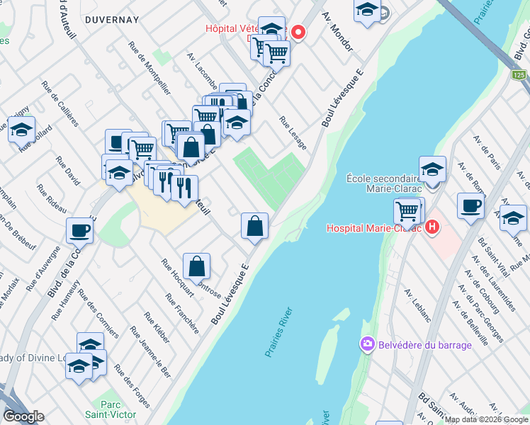 map of restaurants, bars, coffee shops, grocery stores, and more near 335 Rue Joly in Laval