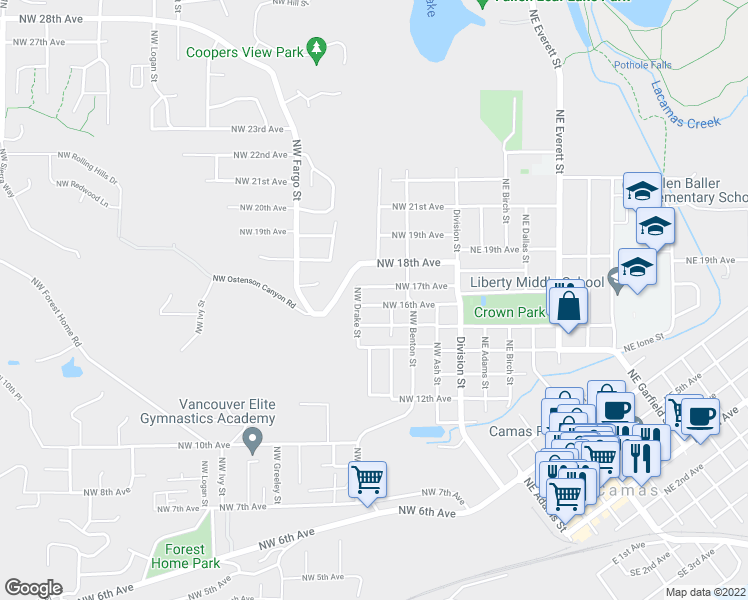 map of restaurants, bars, coffee shops, grocery stores, and more near 433 Northwest 16th Avenue in Camas