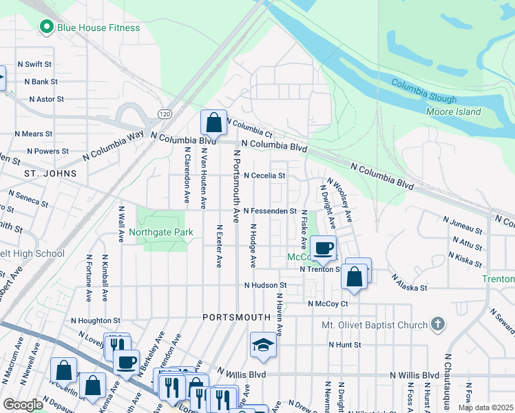 map of restaurants, bars, coffee shops, grocery stores, and more near 5135 North Fessenden Street in Portland