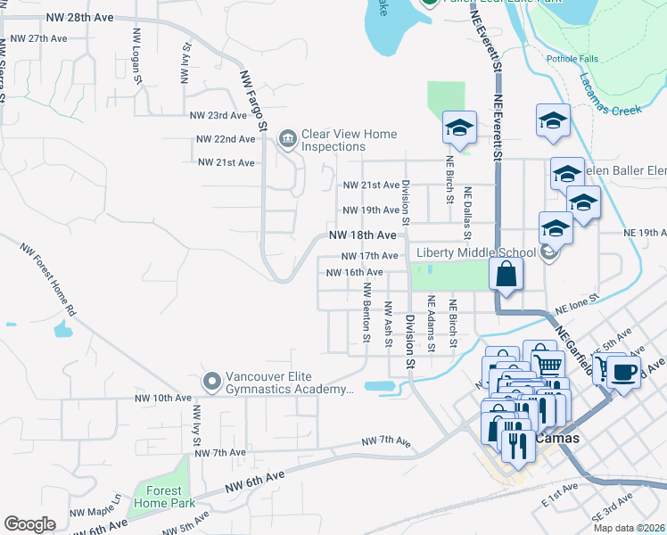 map of restaurants, bars, coffee shops, grocery stores, and more near 433 Northwest 16th Avenue in Camas