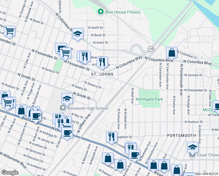 map of restaurants, bars, coffee shops, grocery stores, and more near 9411 North Macrum Avenue in Portland