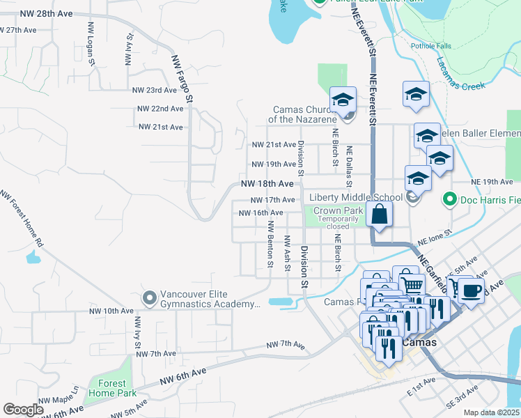 map of restaurants, bars, coffee shops, grocery stores, and more near 329 Northwest 16th Avenue in Camas