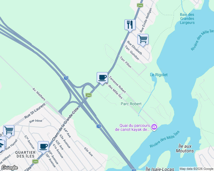 map of restaurants, bars, coffee shops, grocery stores, and more near 6 Avenue des Mille-Îles in Boisbriand