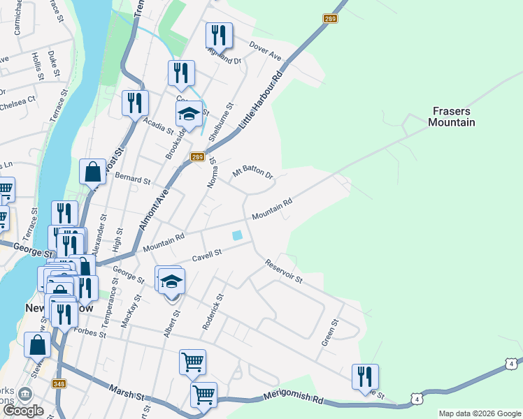 map of restaurants, bars, coffee shops, grocery stores, and more near 320 Mountain Road in New Glasgow