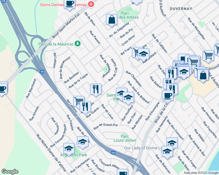 map of restaurants, bars, coffee shops, grocery stores, and more near 2275 Boulevard de Blois in Laval