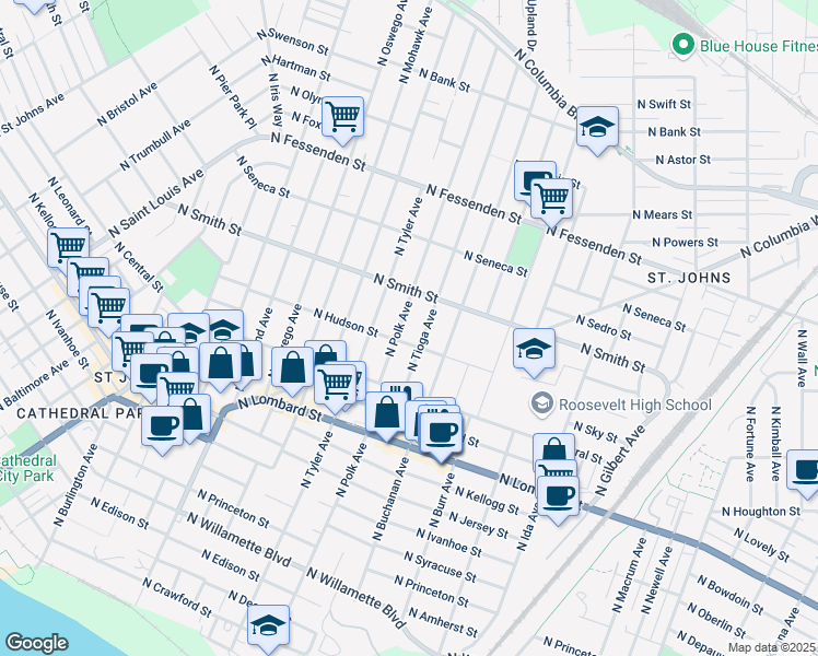 map of restaurants, bars, coffee shops, grocery stores, and more near 9005 North Tioga Avenue in Portland