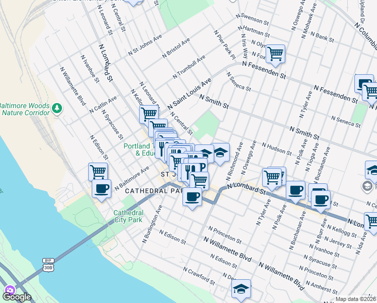 map of restaurants, bars, coffee shops, grocery stores, and more near 8000 North Burlington Avenue in Portland