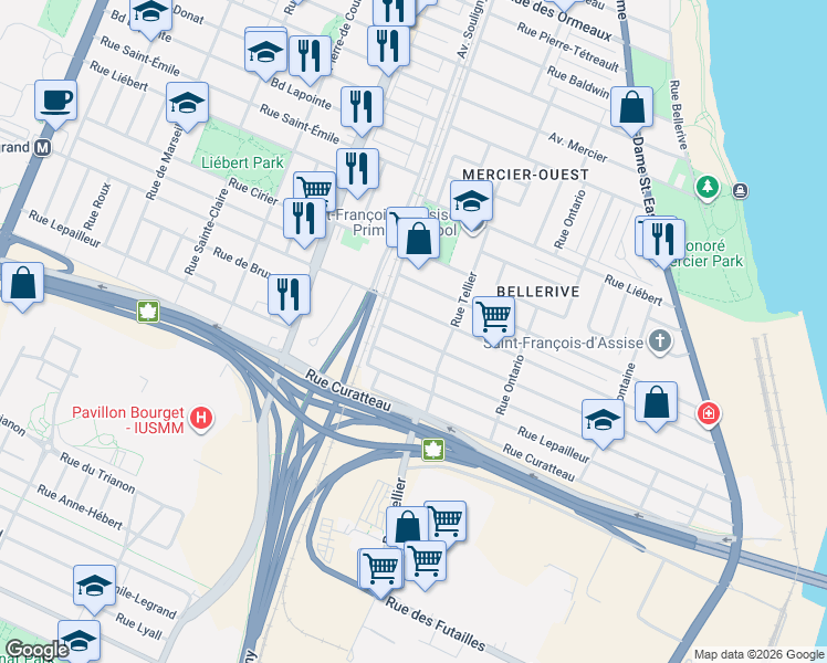map of restaurants, bars, coffee shops, grocery stores, and more near 2197 Rue de Bruxelles in Montréal