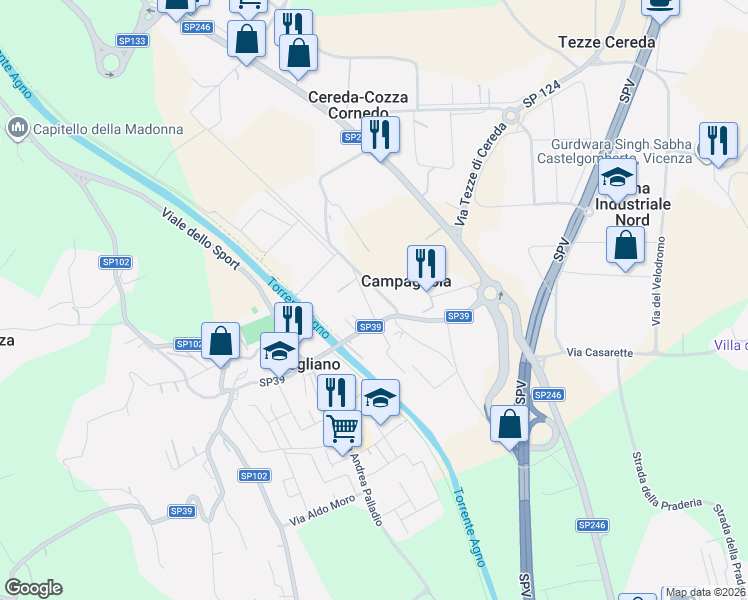 map of restaurants, bars, coffee shops, grocery stores, and more near 45 Strada Provinciale 39 in Brogliano