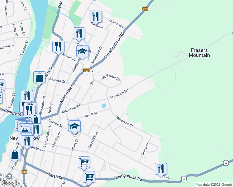 map of restaurants, bars, coffee shops, grocery stores, and more near 330 Mountain Road in New Glasgow