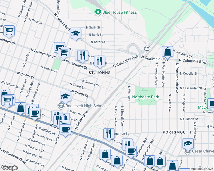 map of restaurants, bars, coffee shops, grocery stores, and more near 9421 North Macrum Avenue in Portland