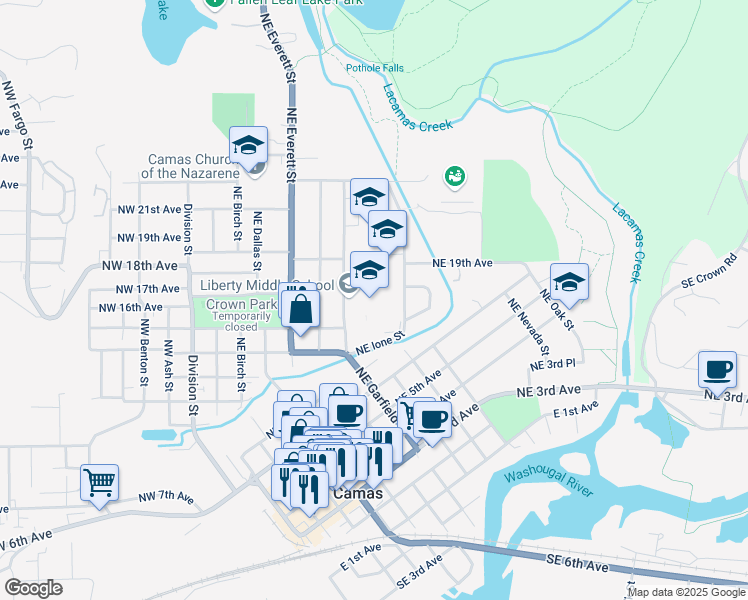 map of restaurants, bars, coffee shops, grocery stores, and more near 1612 Northeast Garfield Street in Camas