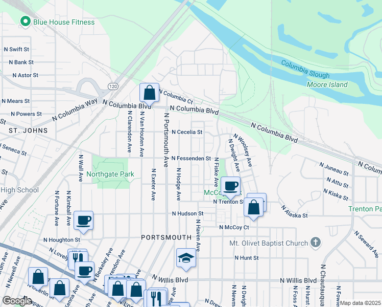map of restaurants, bars, coffee shops, grocery stores, and more near 5120 North Fessenden Street in Portland
