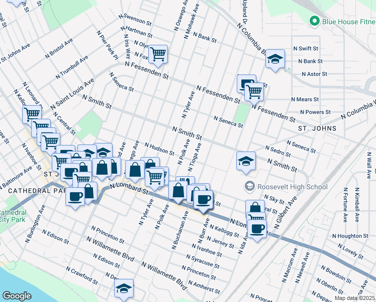 map of restaurants, bars, coffee shops, grocery stores, and more near 9005 North Tioga Avenue in Portland