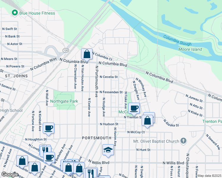 map of restaurants, bars, coffee shops, grocery stores, and more near 9517 North Adriatic Avenue in Portland