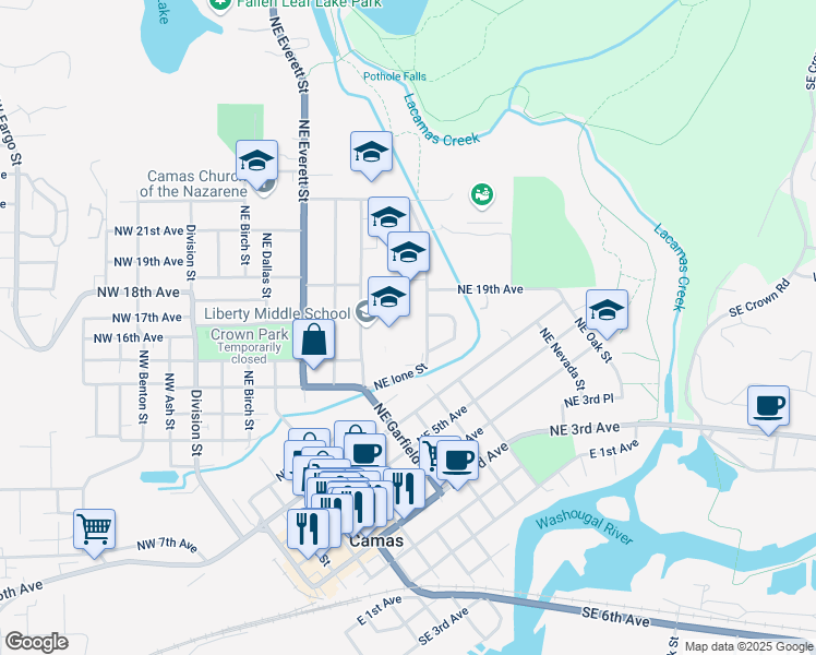 map of restaurants, bars, coffee shops, grocery stores, and more near 1612 Northeast Garfield Street in Camas