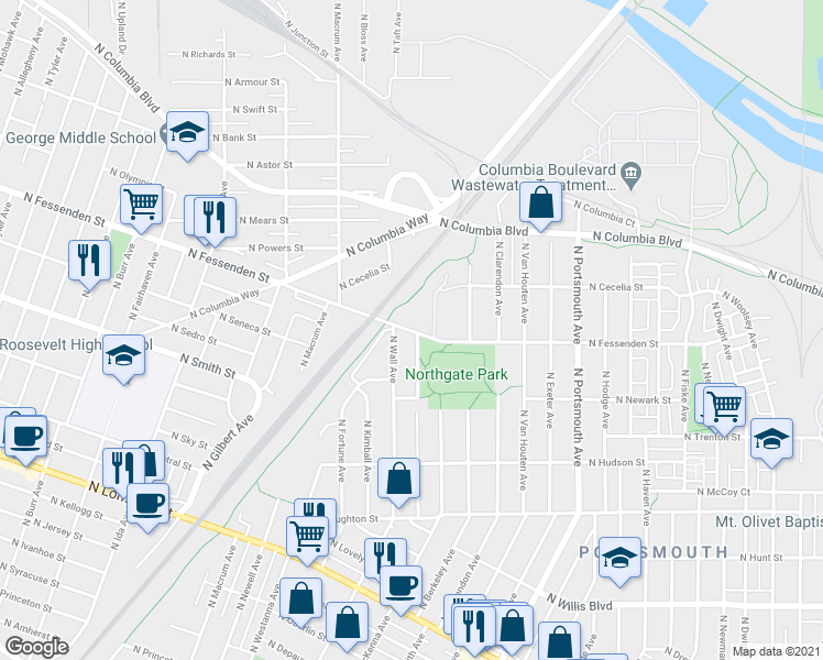 map of restaurants, bars, coffee shops, grocery stores, and more near 5973 N Fessenden St in Portland