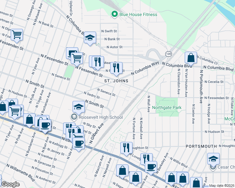 map of restaurants, bars, coffee shops, grocery stores, and more near 9317 North Minerva Avenue in Portland