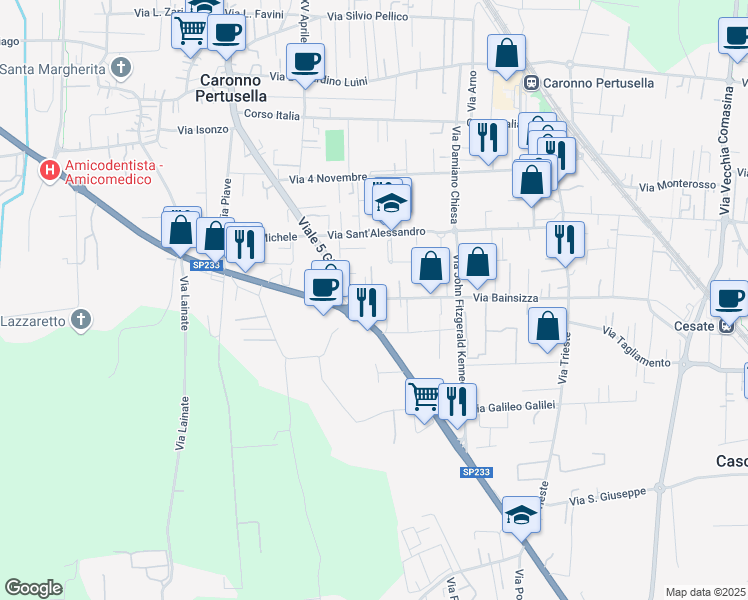 map of restaurants, bars, coffee shops, grocery stores, and more near SP233 in Caronno Pertusella