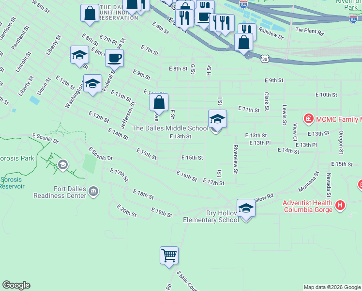 map of restaurants, bars, coffee shops, grocery stores, and more near 1411 G Street in The Dalles