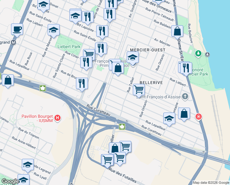 map of restaurants, bars, coffee shops, grocery stores, and more near 2203 Rue de Bruxelles in Montréal