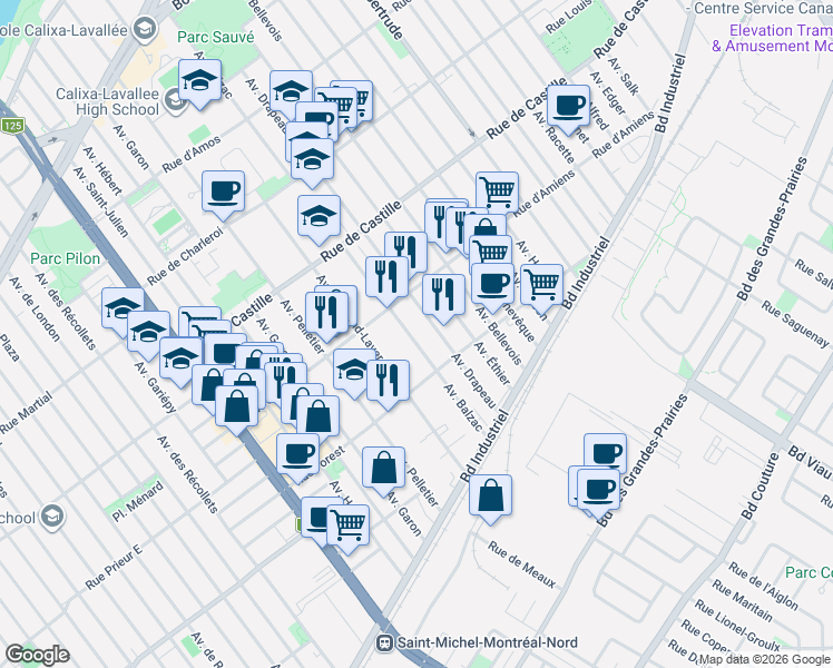 map of restaurants, bars, coffee shops, grocery stores, and more near 10579 Avenue Balzac in Montréal