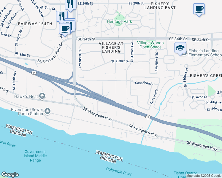 map of restaurants, bars, coffee shops, grocery stores, and more near 4101 Southeast 168th Avenue in Vancouver
