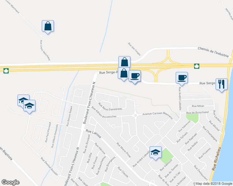 map of restaurants, bars, coffee shops, grocery stores, and more near 71 Rue Louise Bernard in Beloeil