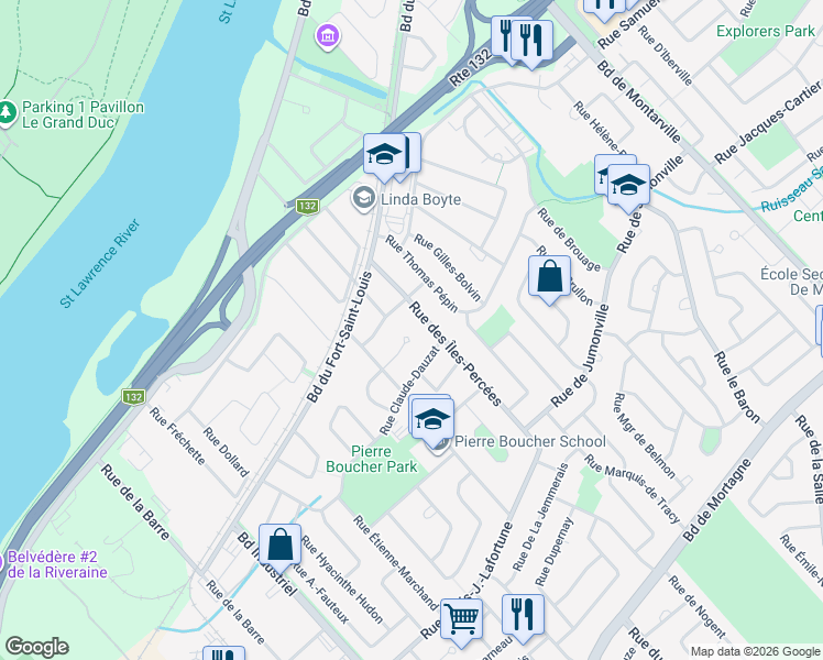 map of restaurants, bars, coffee shops, grocery stores, and more near 251 Rue Hugues Pommier in Boucherville