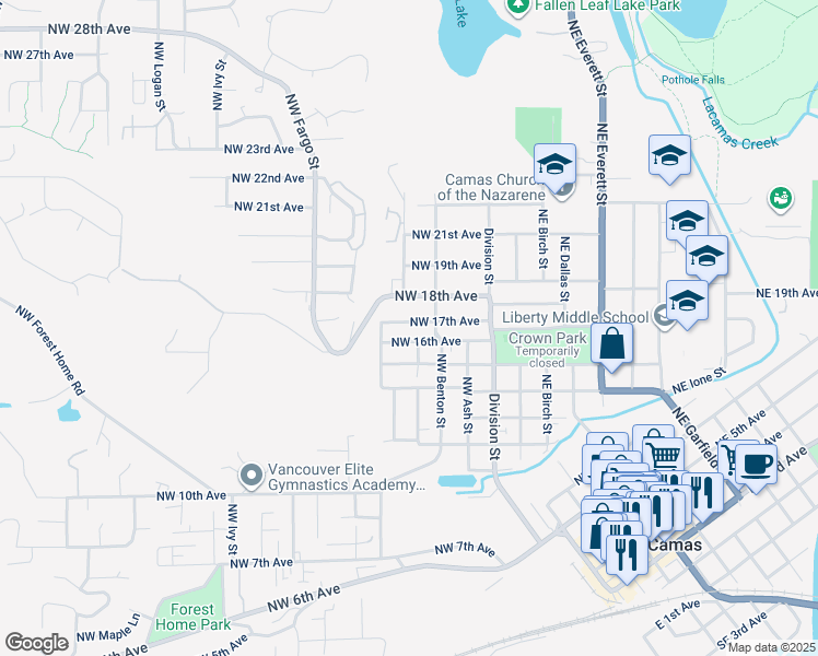 map of restaurants, bars, coffee shops, grocery stores, and more near 414 Northwest 17th Avenue in Camas