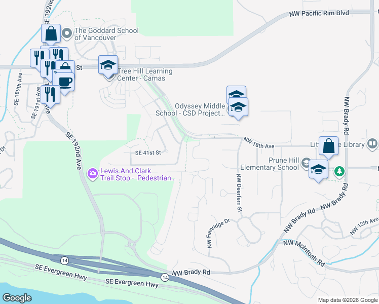 map of restaurants, bars, coffee shops, grocery stores, and more near 1719 Northwest Goodwin Street in Camas