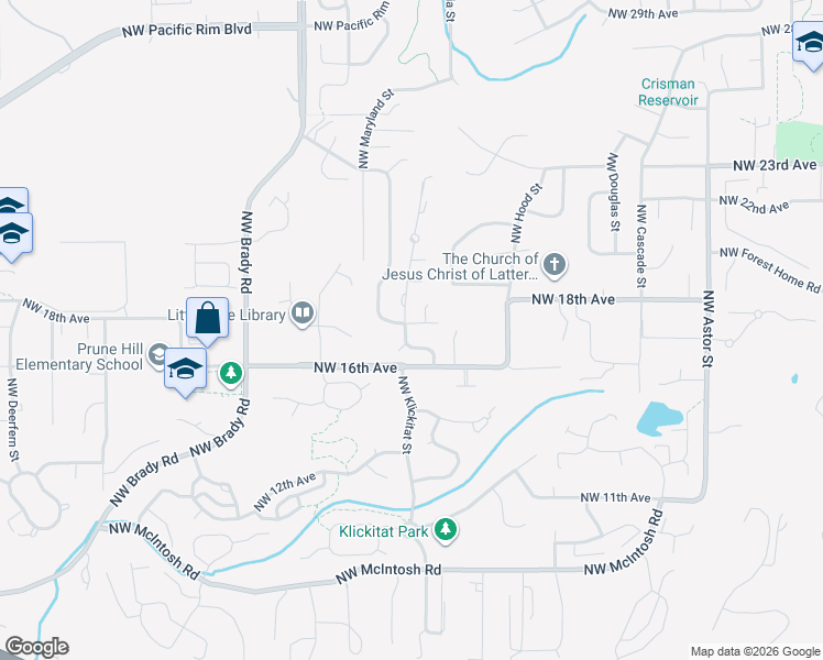map of restaurants, bars, coffee shops, grocery stores, and more near 1635 Northwest Klickitat Street in Camas