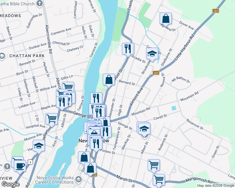map of restaurants, bars, coffee shops, grocery stores, and more near 104 High Street in New Glasgow