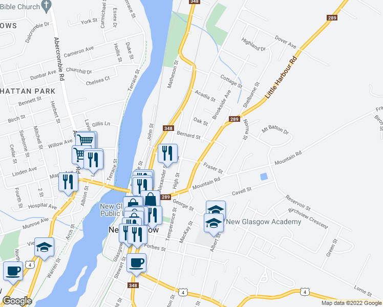 map of restaurants, bars, coffee shops, grocery stores, and more near 242 Fraser Street in New Glasgow