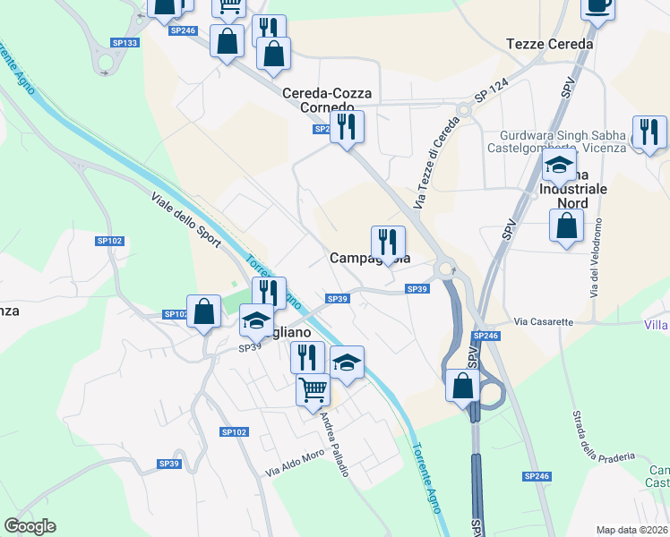 map of restaurants, bars, coffee shops, grocery stores, and more near 45 Strada Provinciale 39 in Brogliano