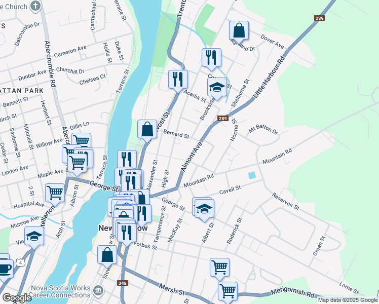 map of restaurants, bars, coffee shops, grocery stores, and more near 132 Almont Avenue in New Glasgow