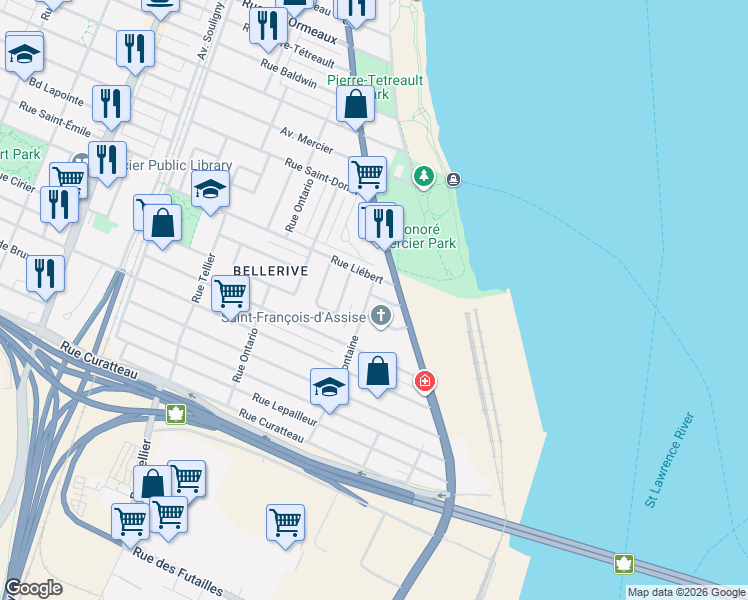 map of restaurants, bars, coffee shops, grocery stores, and more near 8142 Rue la Fontaine in Montréal
