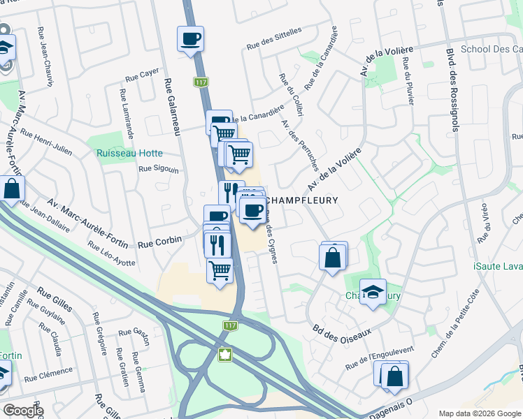 map of restaurants, bars, coffee shops, grocery stores, and more near 6606 Rue des Cygnes in Laval