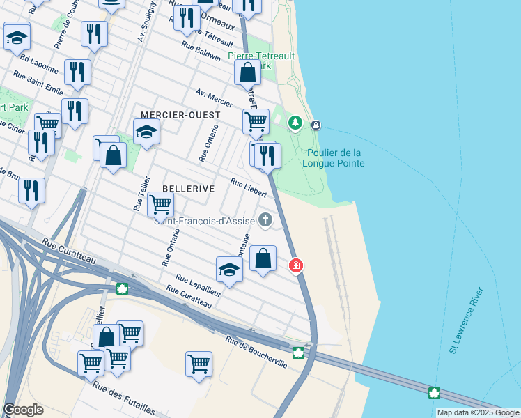 map of restaurants, bars, coffee shops, grocery stores, and more near 8142 Rue la Fontaine in Montréal