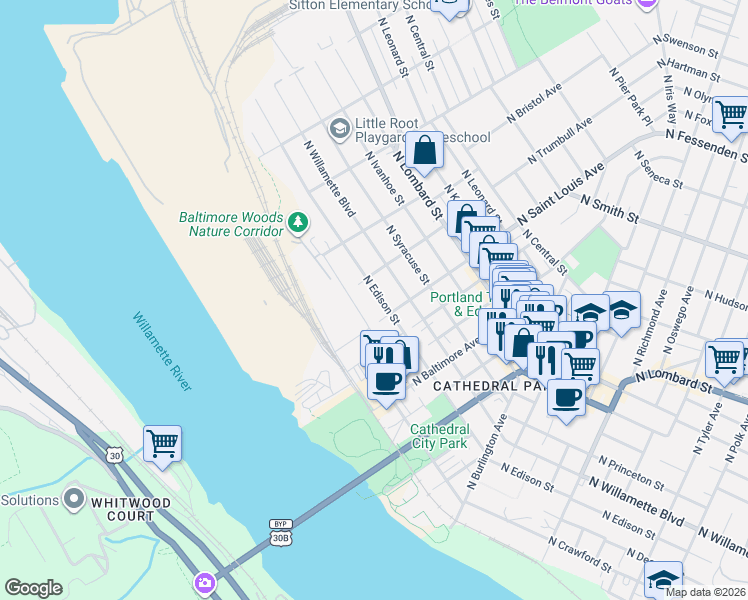 map of restaurants, bars, coffee shops, grocery stores, and more near 6814 North Saint Louis Avenue in Portland