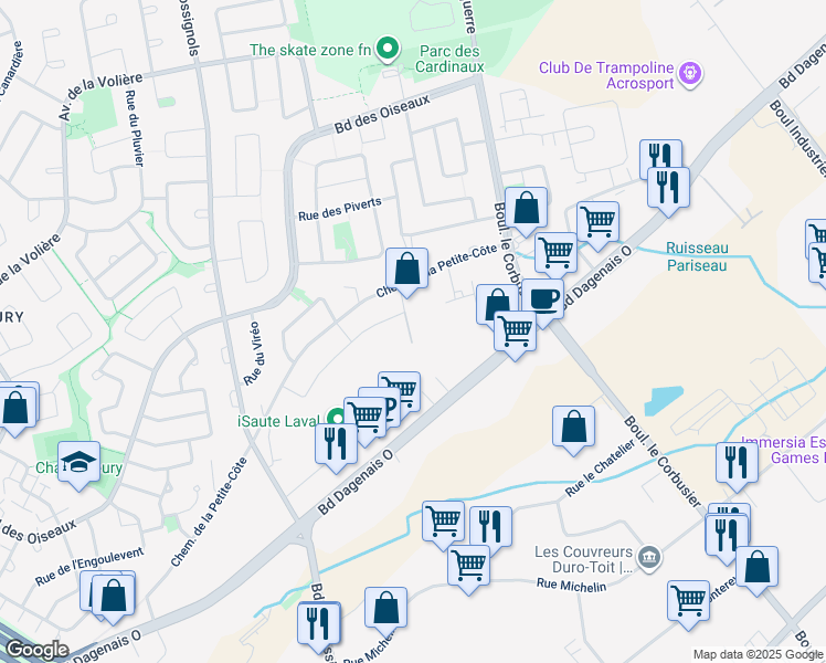 map of restaurants, bars, coffee shops, grocery stores, and more near 2135 Rue Des Cigognes in Laval