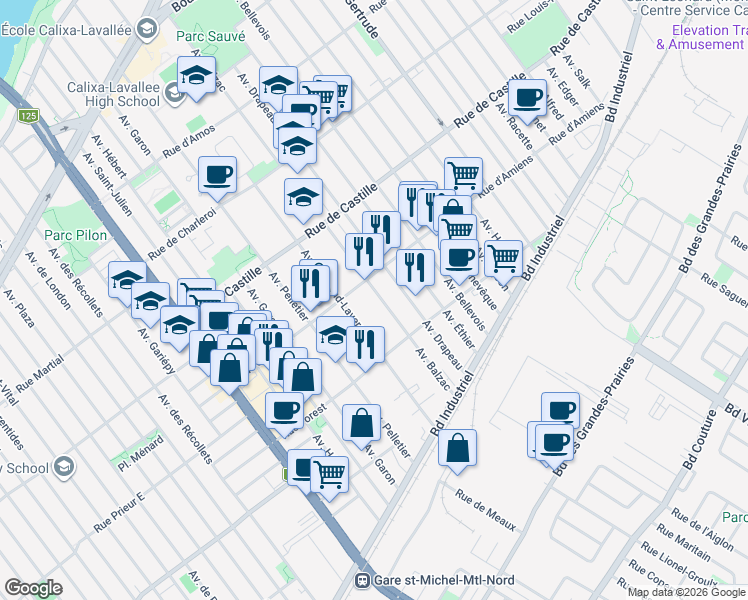 map of restaurants, bars, coffee shops, grocery stores, and more near 10624 Avenue Balzac in Montréal