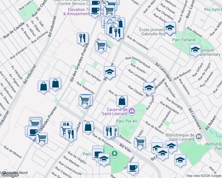 map of restaurants, bars, coffee shops, grocery stores, and more near 9095 Rue Jamay in Montréal