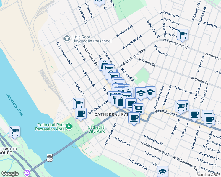 map of restaurants, bars, coffee shops, grocery stores, and more near 8820 North Ivanhoe Street in Portland