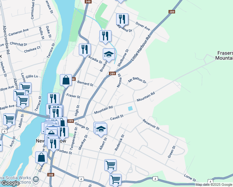 map of restaurants, bars, coffee shops, grocery stores, and more near 195 Norma Street in New Glasgow