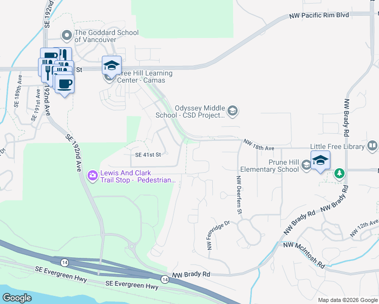 map of restaurants, bars, coffee shops, grocery stores, and more near 1719 Northwest Goodwin Street in Camas