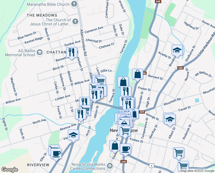 map of restaurants, bars, coffee shops, grocery stores, and more near 36 Bell Street in New Glasgow