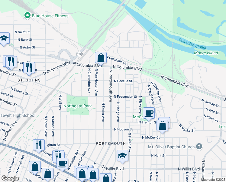 map of restaurants, bars, coffee shops, grocery stores, and more near 9630 North Portsmouth Avenue in Portland